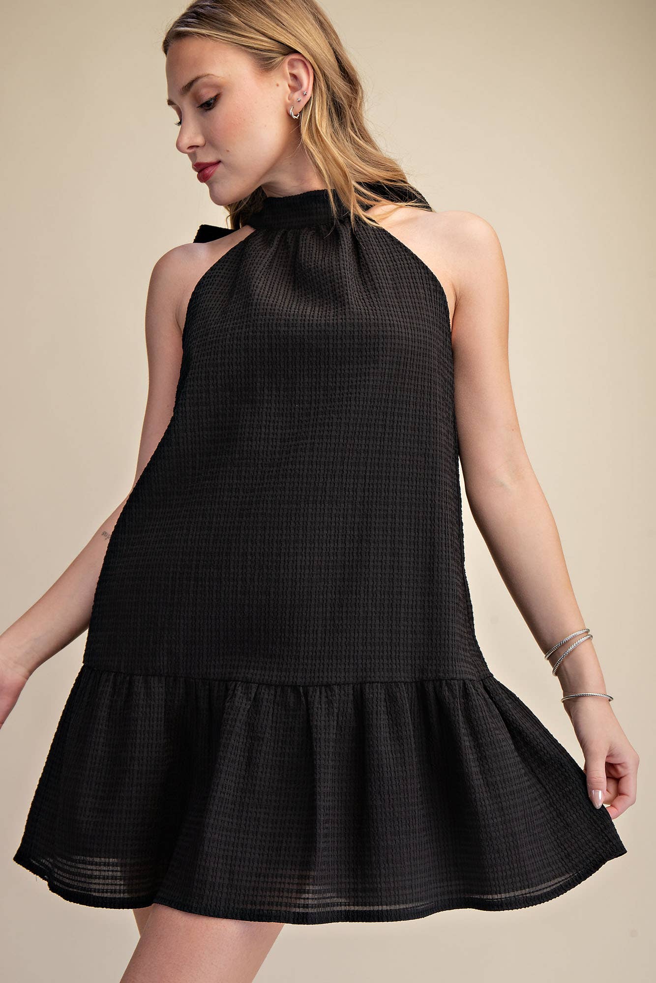 Black Bow Neck Halter Mini Dress