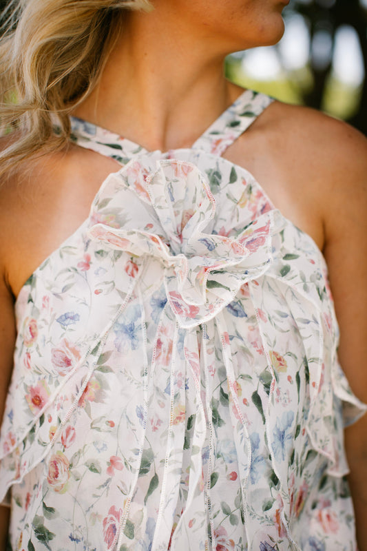 White Floral Cascading Ruffle Dress