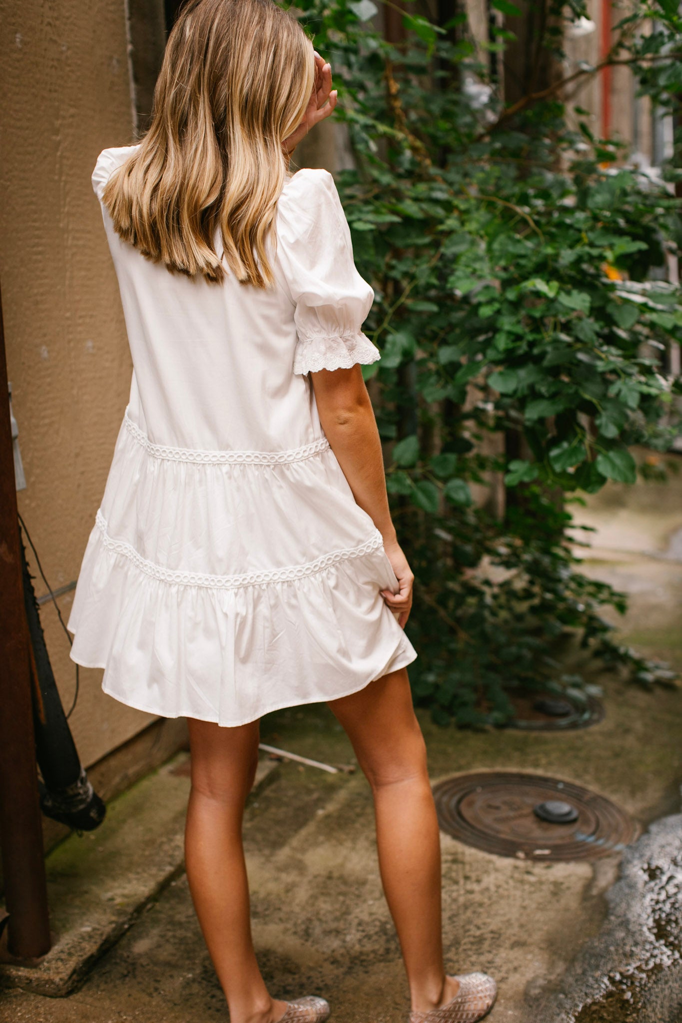 White Button Front Ruffle Neck Dress