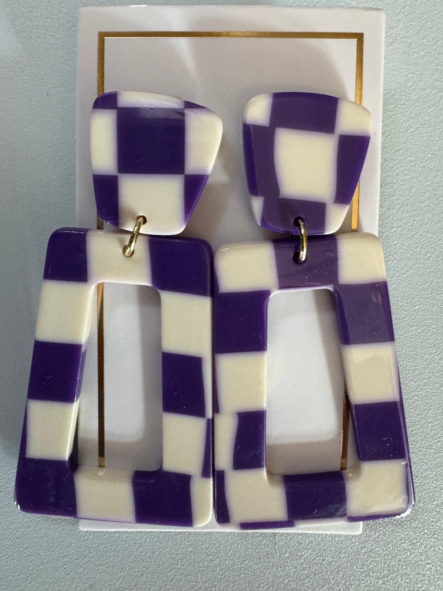 Purple White Check Earrings