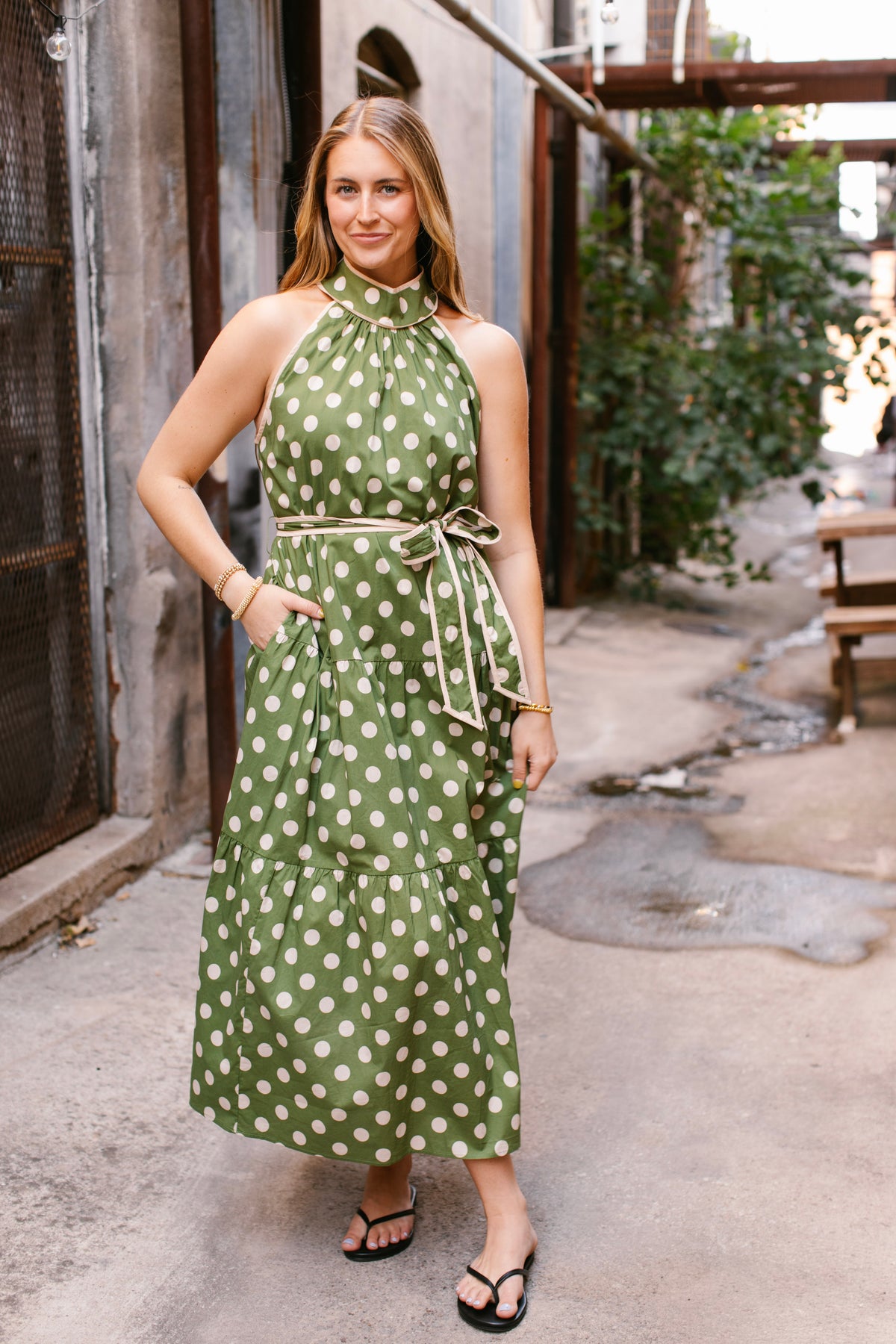 Olive Green Polka Dot Halter Dress