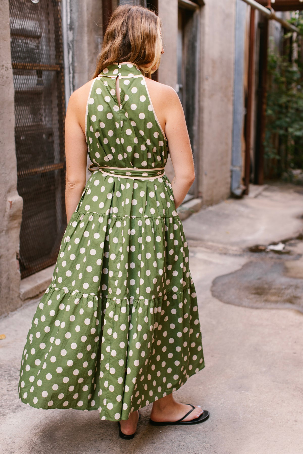 Olive Green Polka Dot Halter Dress