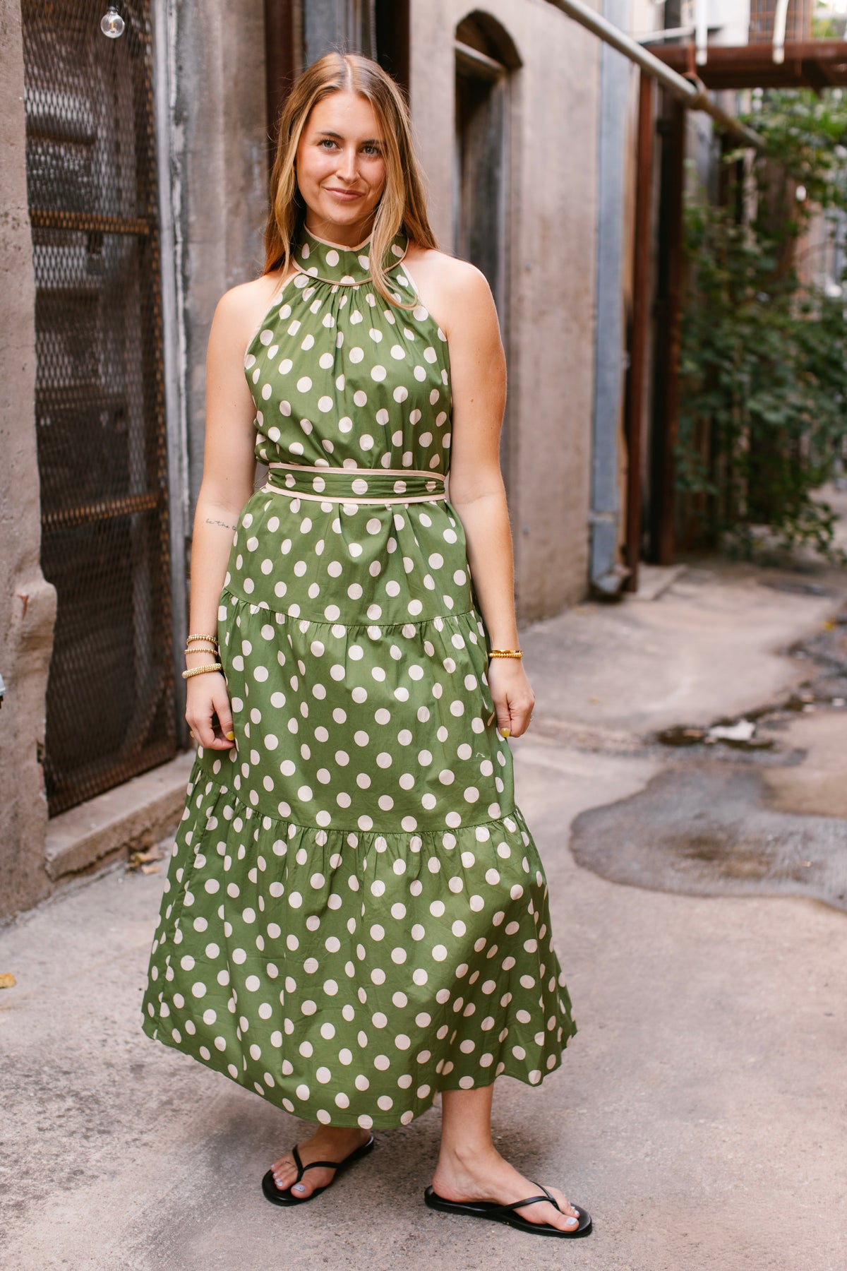 Olive Green Polka Dot Halter Dress