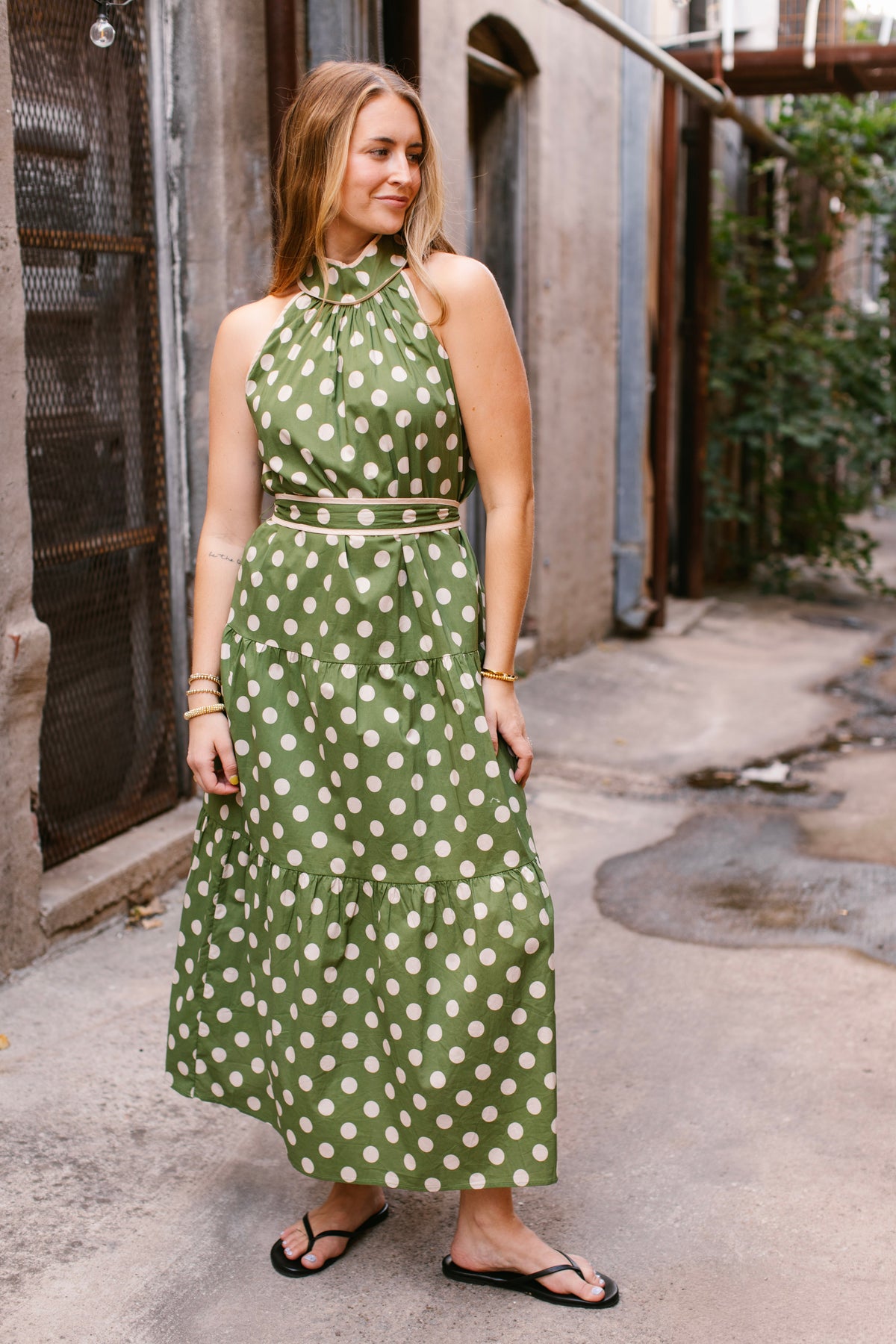 Olive and Cream Polka Dot Maxi Dress