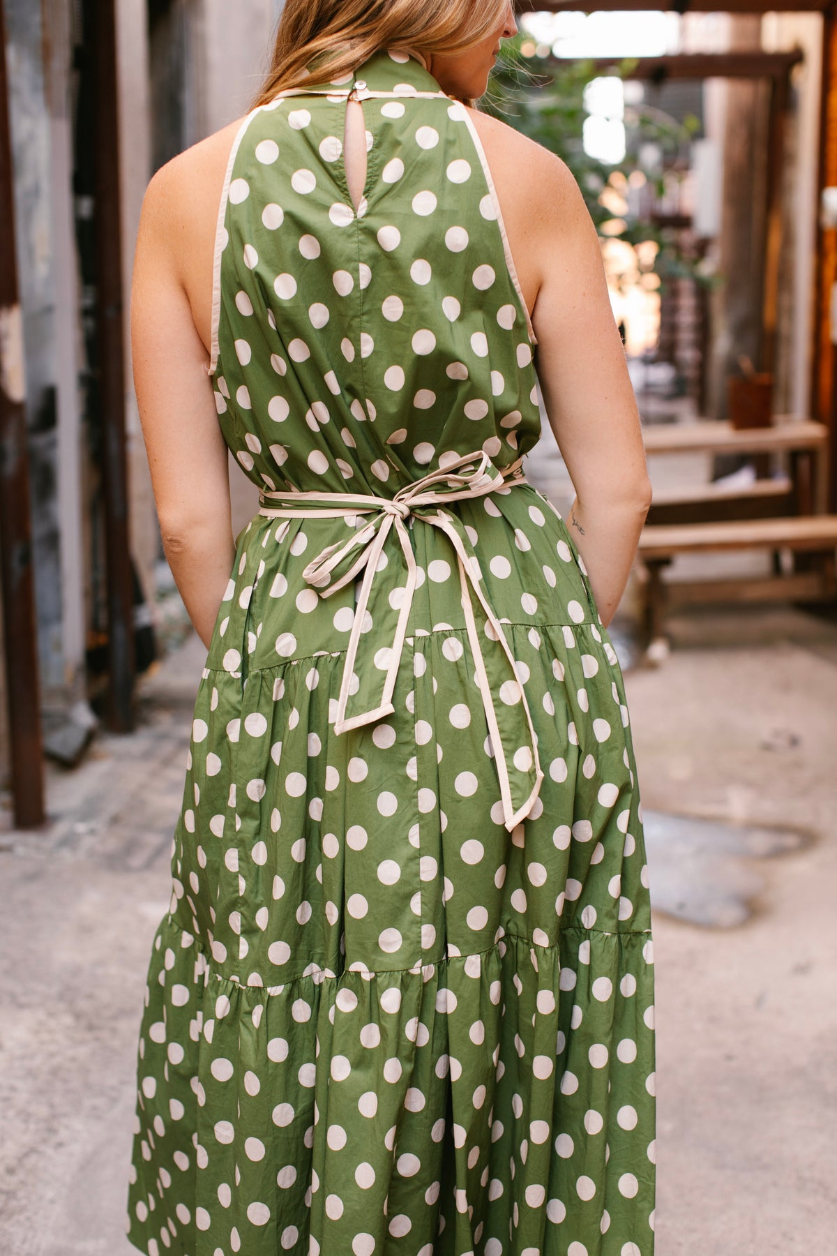 Olive Green Polka Dot Halter Dress