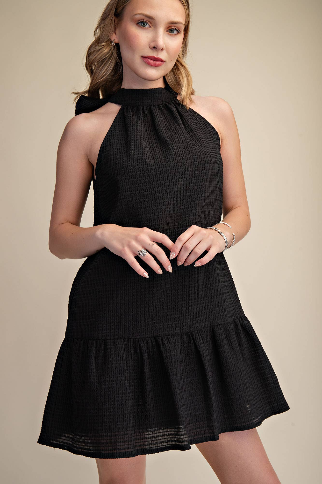 Black Bow Neck Halter Mini Dress