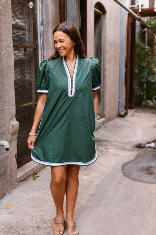 Dark Green V Neck Blue Trim Dress