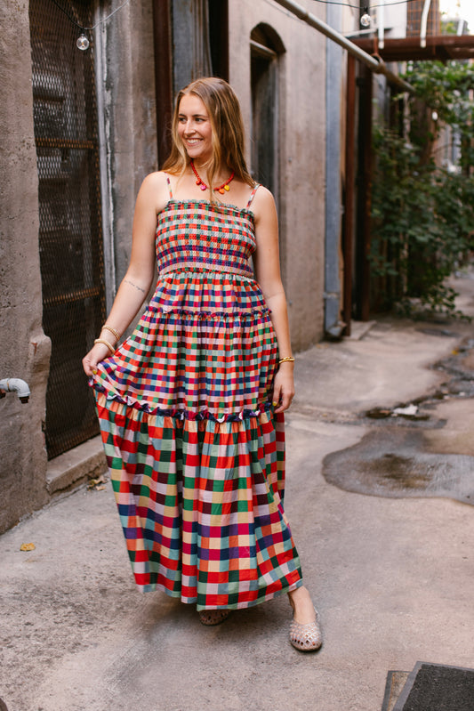 Gemstone Plaid Smocked Maxi Dress