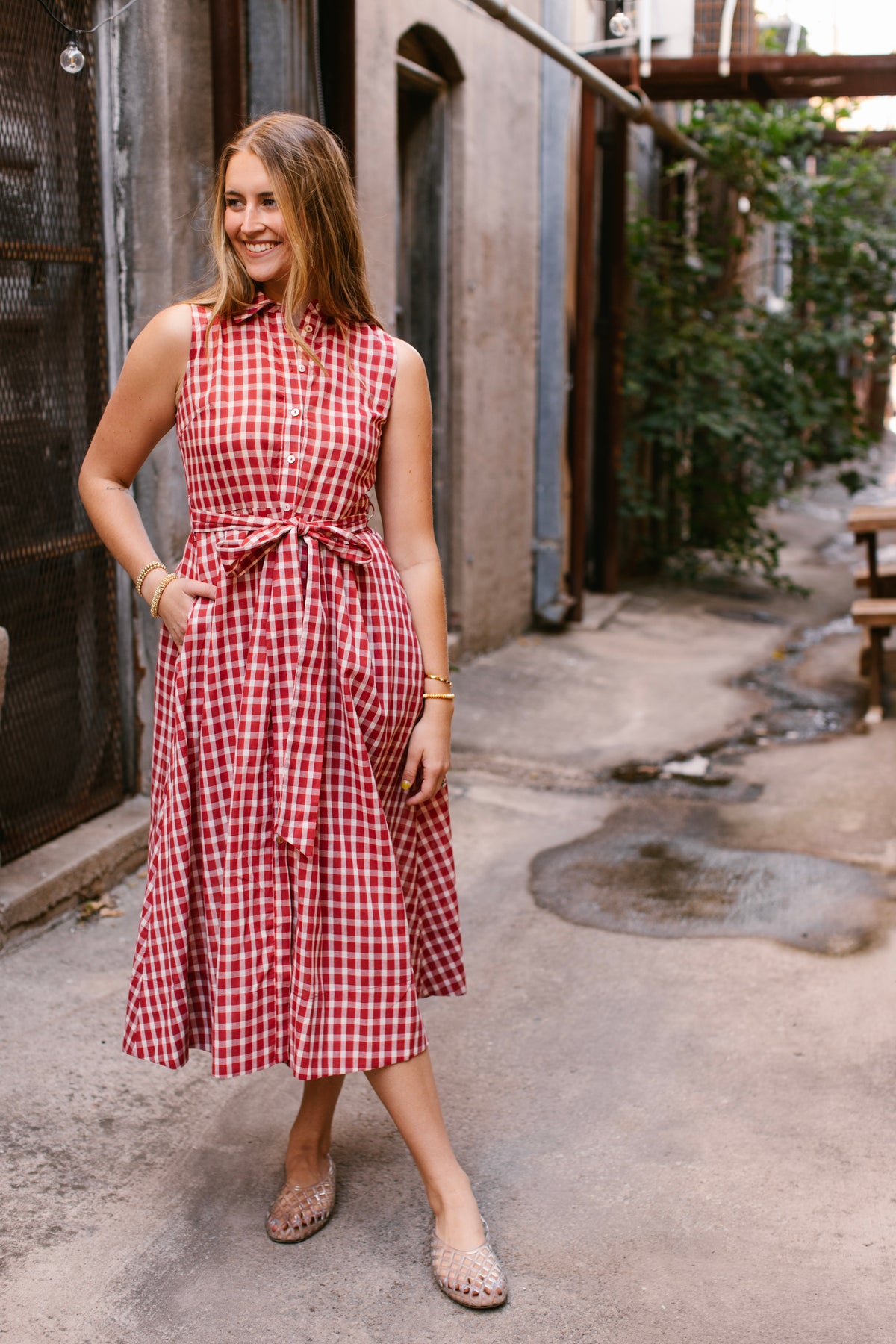 Red Gingham Button Down Dress