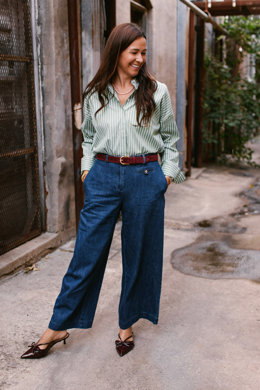 Green White Stripe Button Down Top