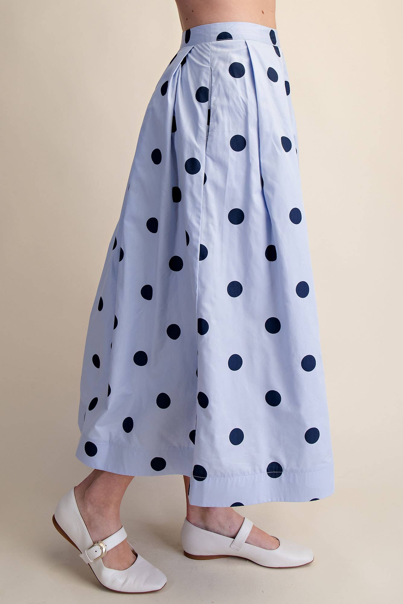 Blue Polka Dot Pleated Midi Skirt