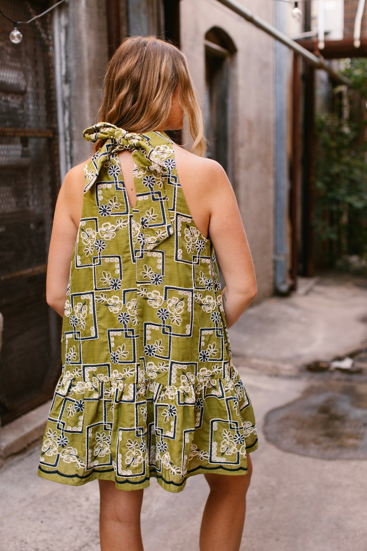 Chartreuse Navy Halter Mini Dress