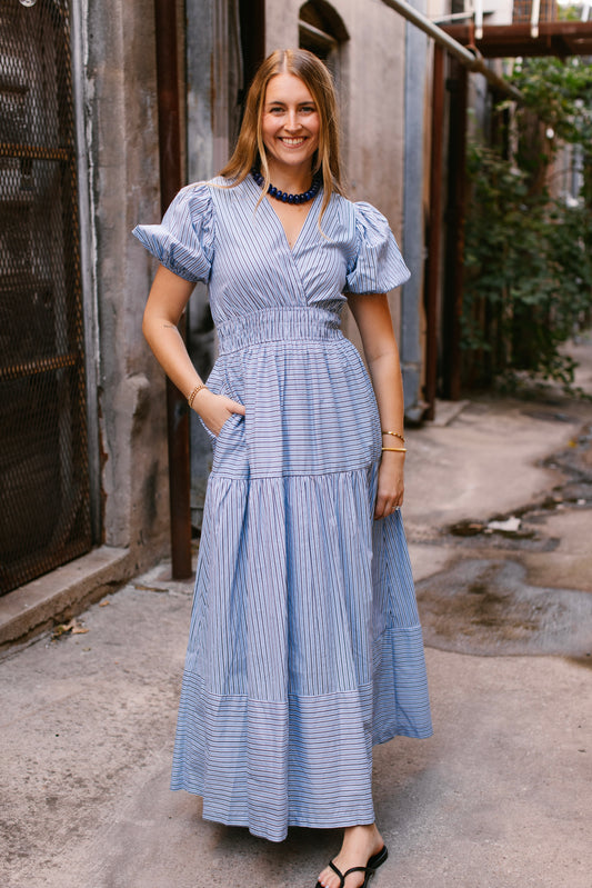 Blue Stripe V Neck Dress