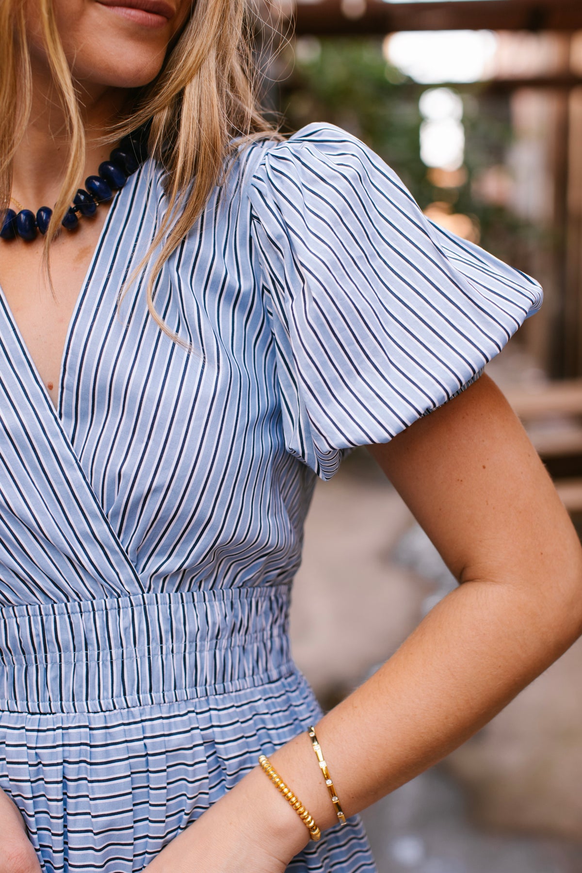 Blue Stripe V Neck Dress