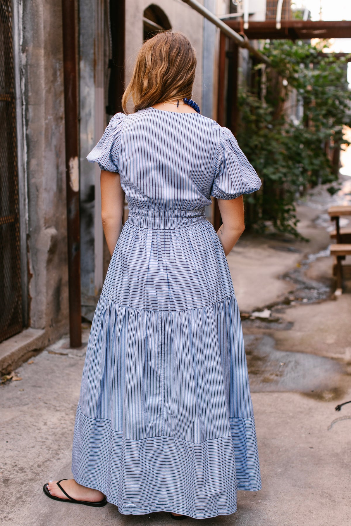Blue Stripe V Neck Dress
