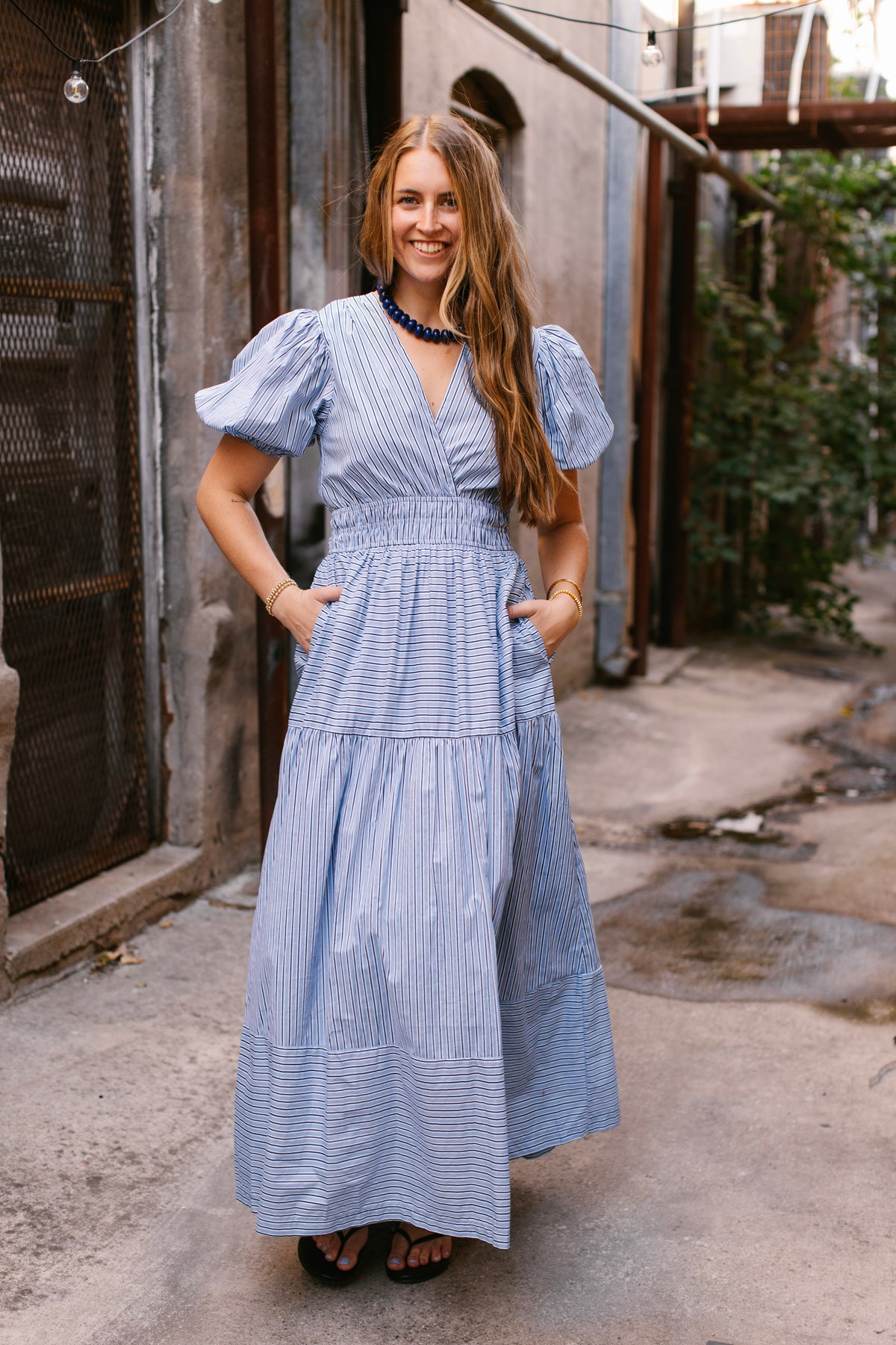 Blue Stripe V Neck Dress