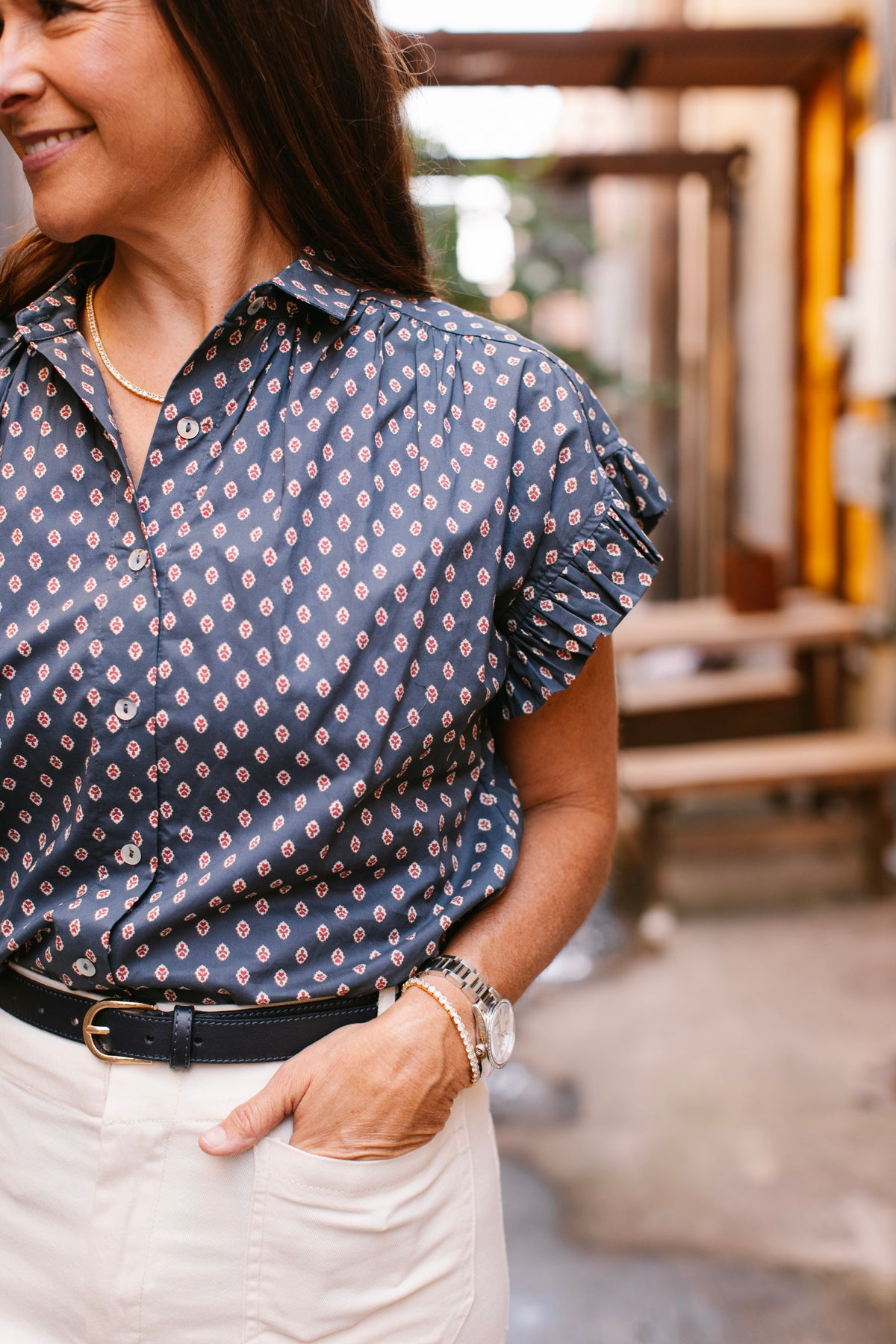 Navy Red Floral Medallion Top