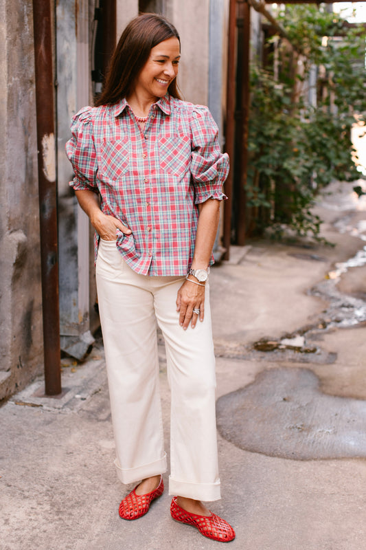 Light Red Plaid Button Down Top