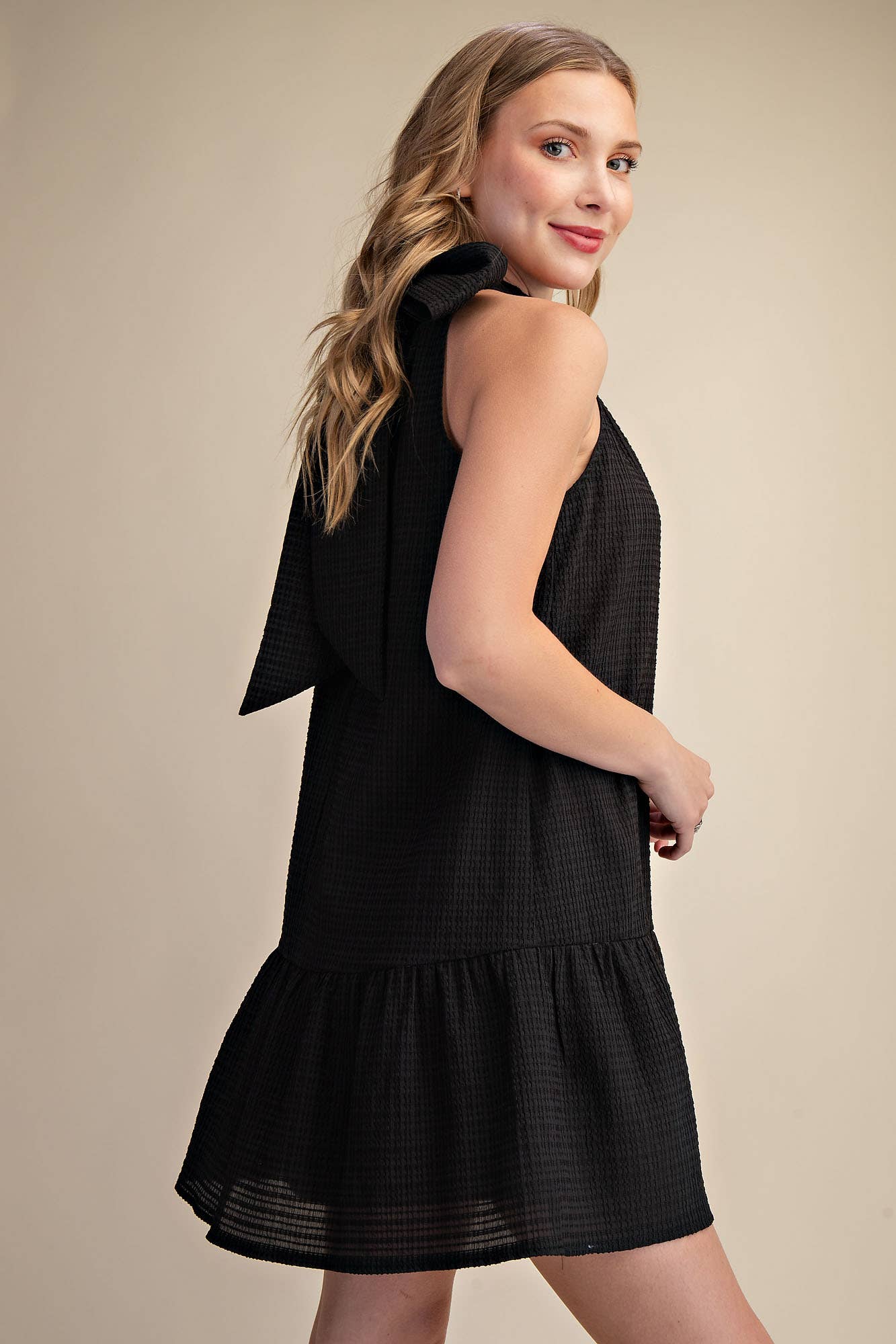 Black Bow Neck Halter Mini Dress