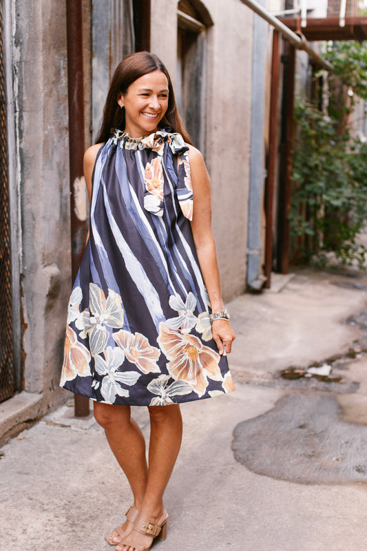 Navy Ruffle Neck Floral Dress