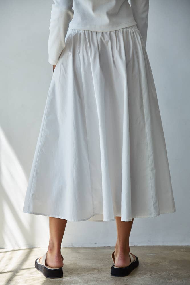 White Elastic Waist Midi Skirt