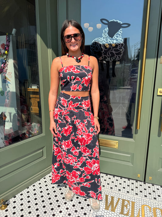Red & Black Floral Skirt Set