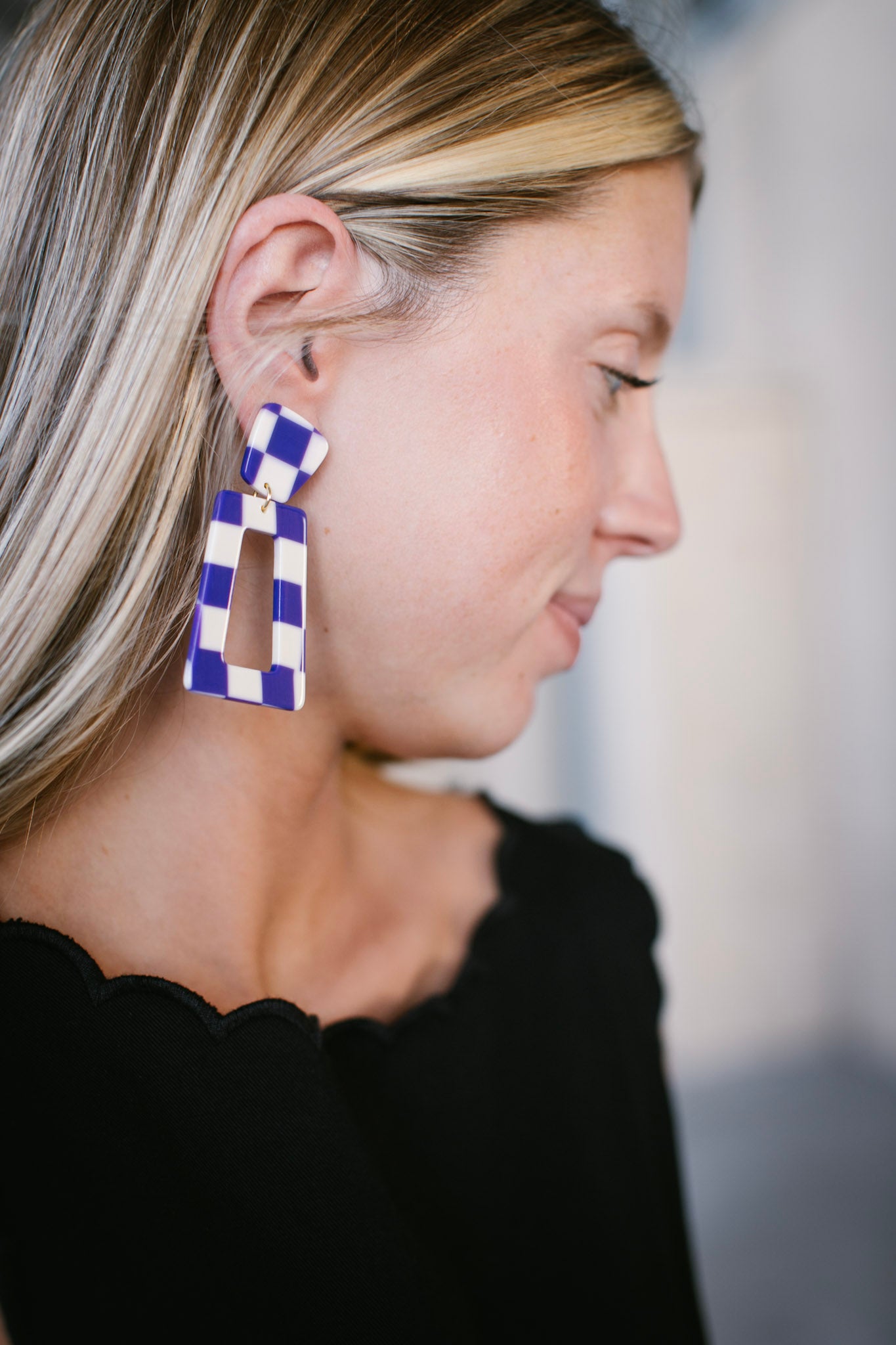 Purple White Check Earrings