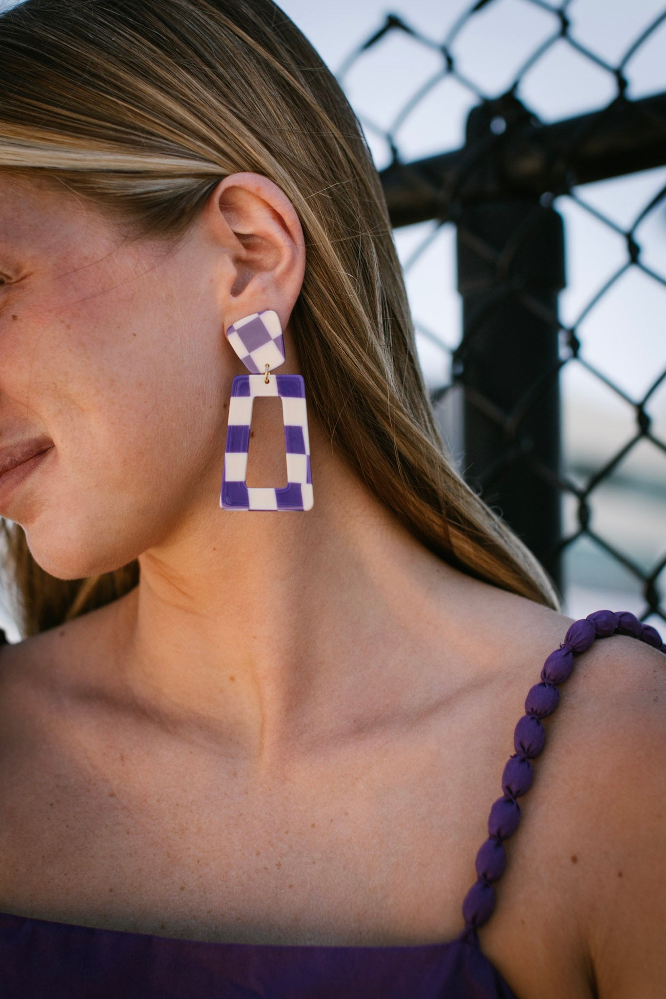 Purple White Check Earrings