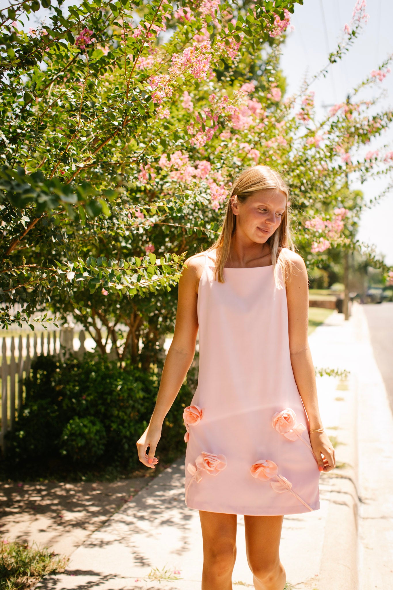 Pink Rose Petal Applique Mini Dress