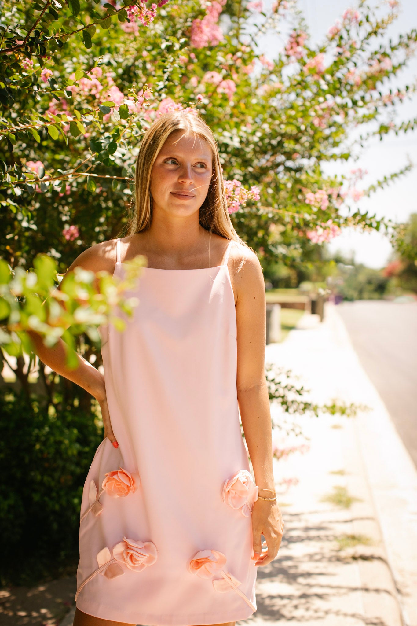 Pink Rose Petal Applique Mini Dress
