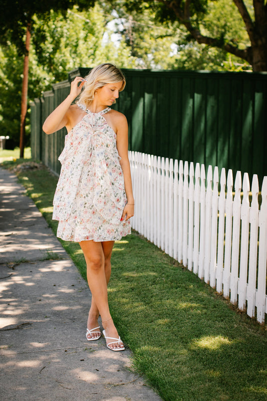 White Floral Cascading Ruffle Dress