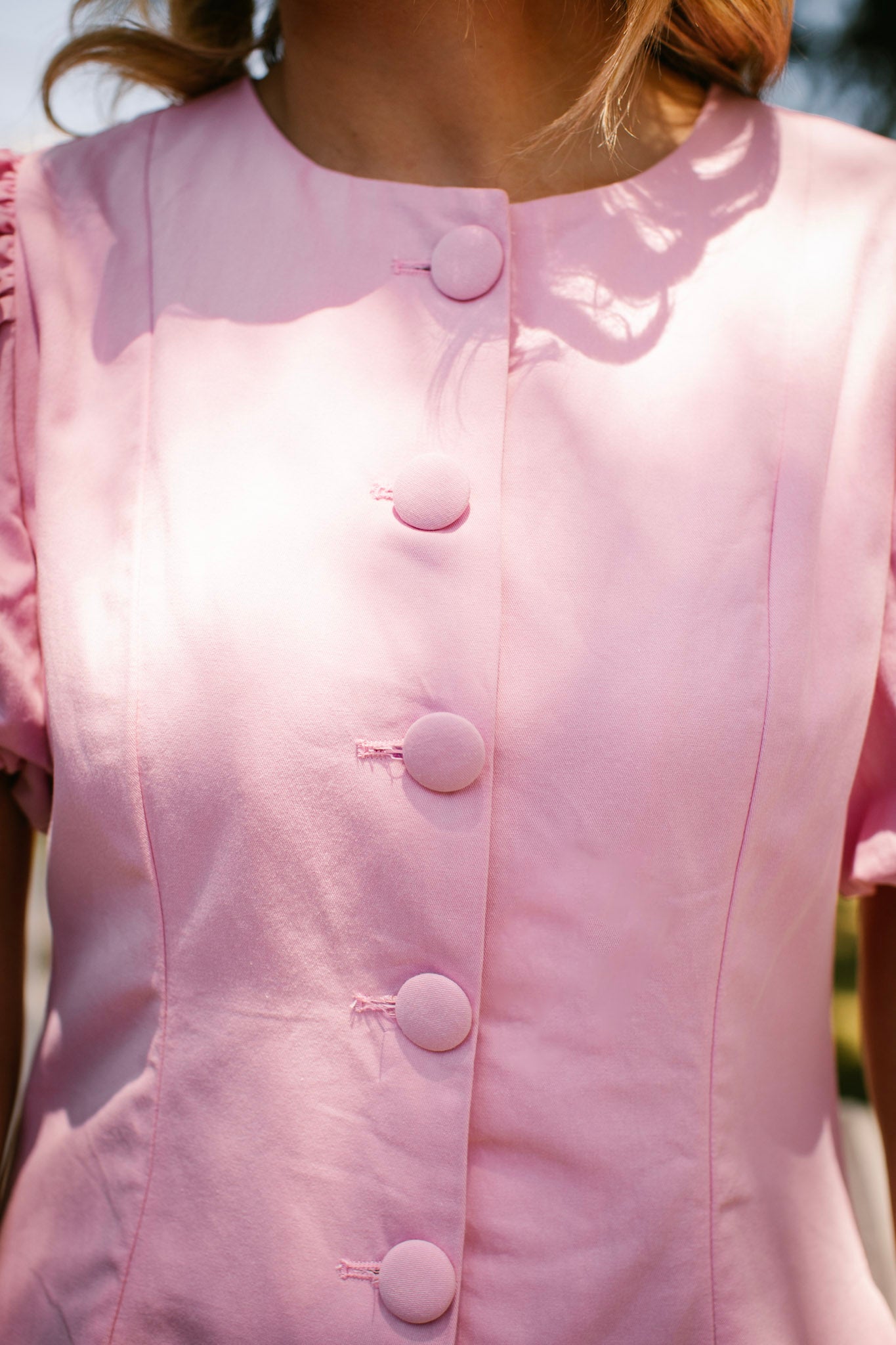 Pink Button Down Puff Sleeve Dress