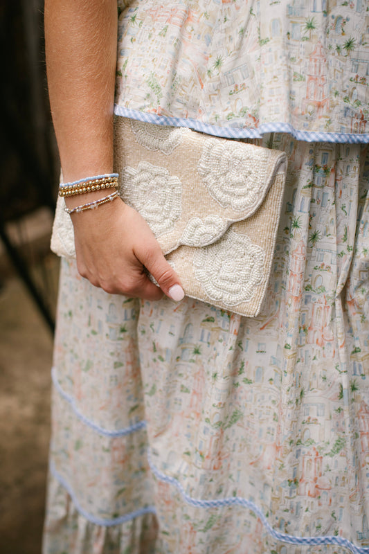 Cream Rose Beaded Clutch