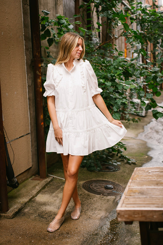 White  Button Front Ruffle Neck Dress