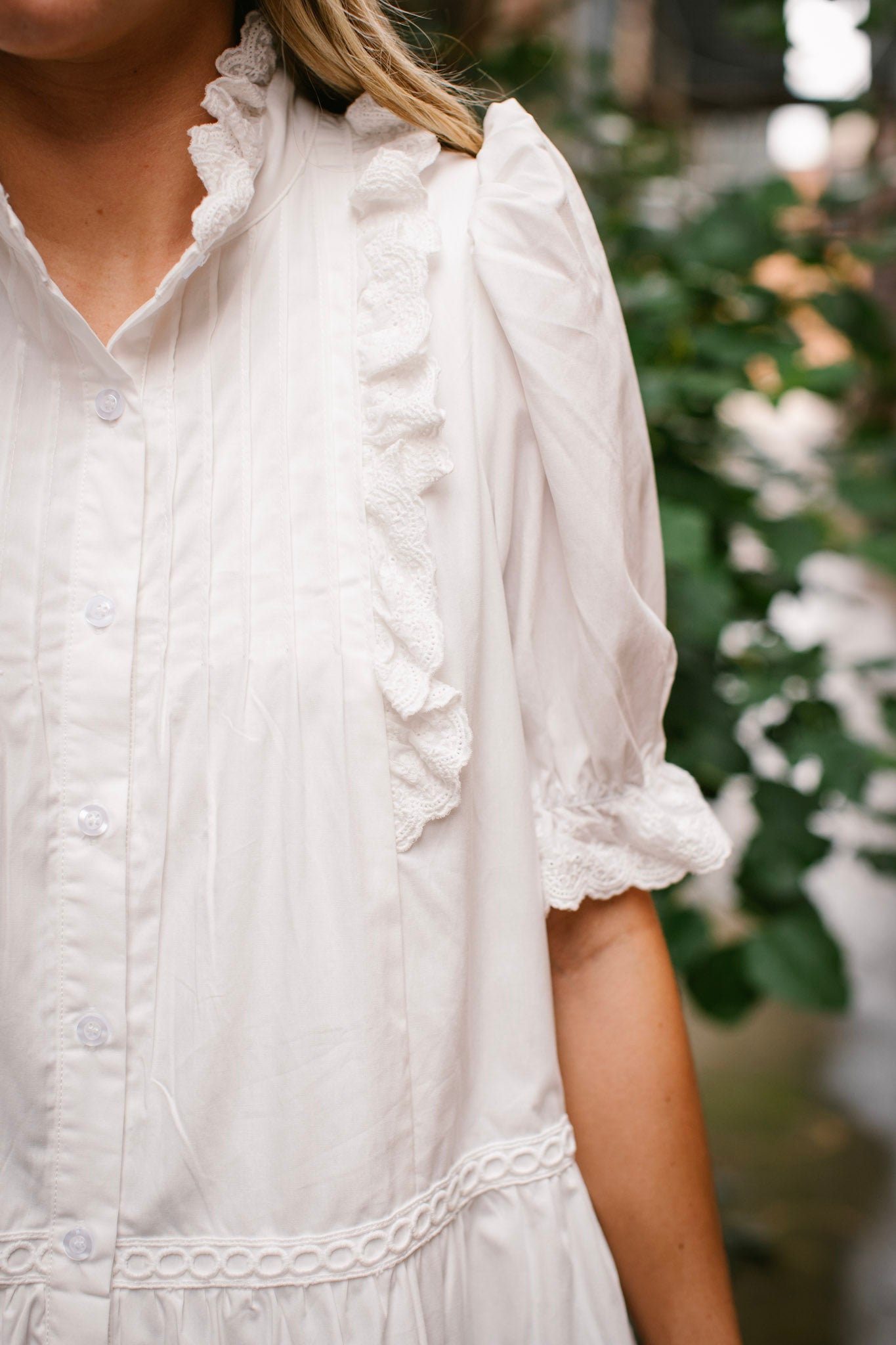 White  Button Front Ruffle Neck Dress