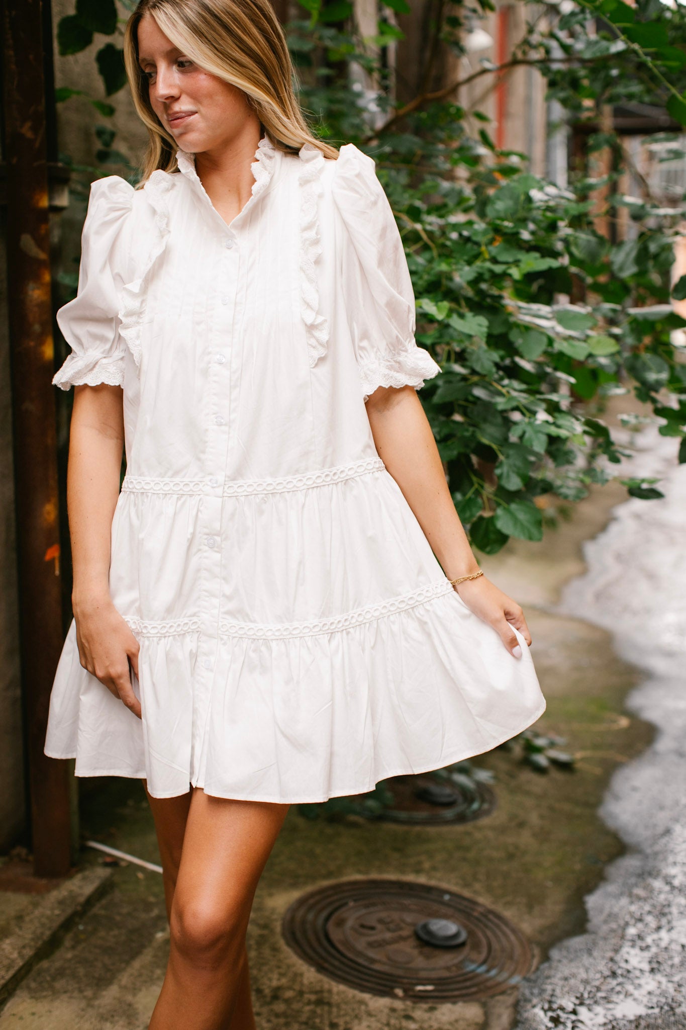 White  Button Front Ruffle Neck Dress