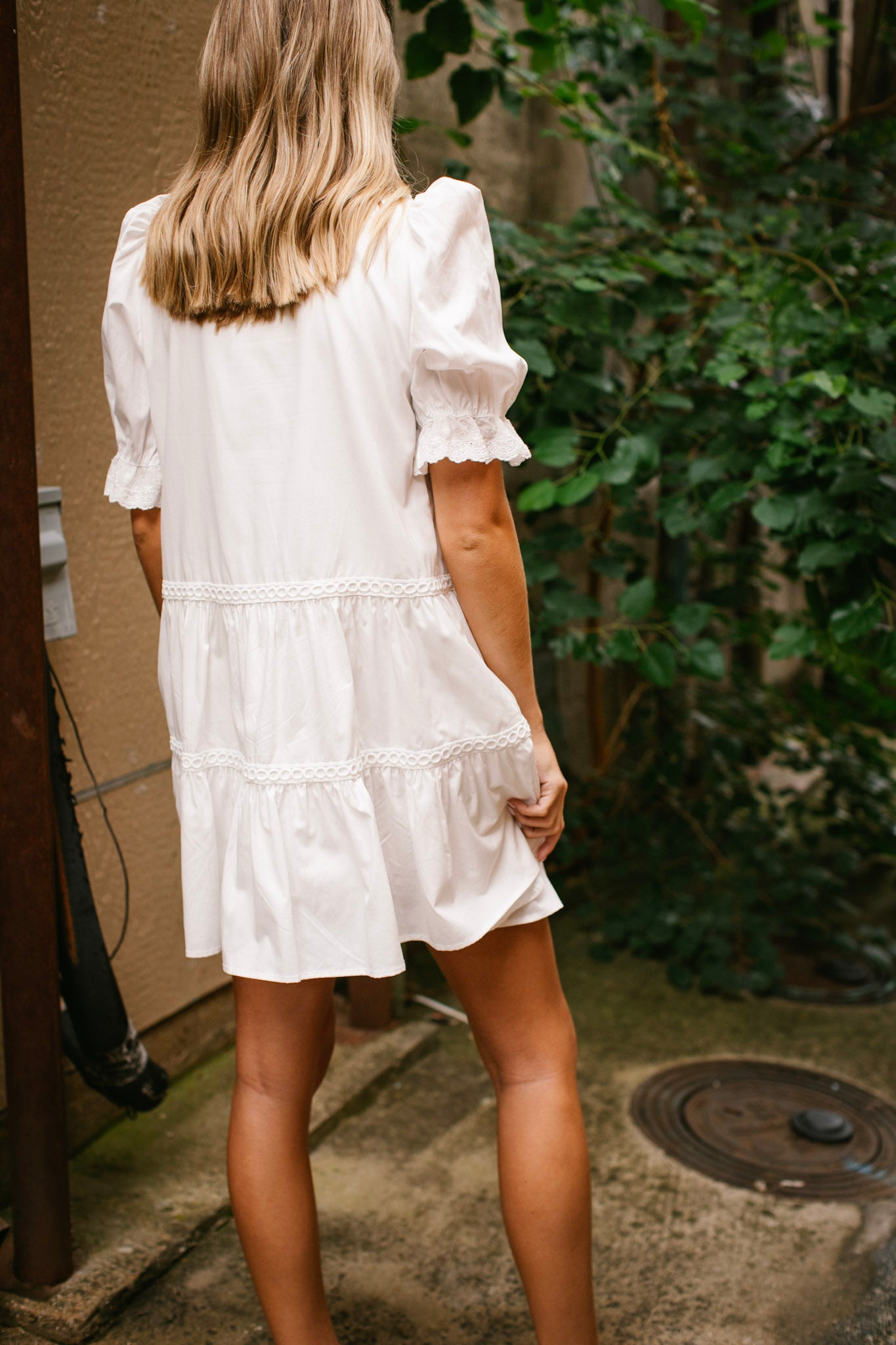 White  Button Front Ruffle Neck Dress