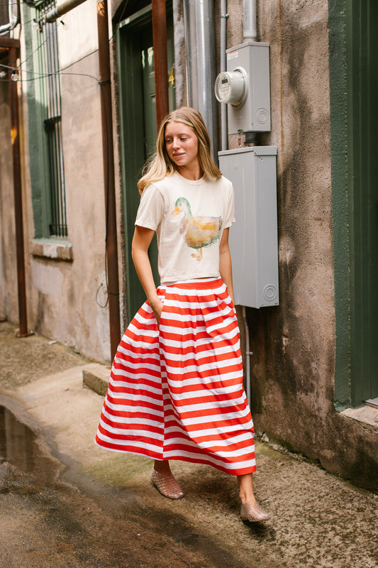 Red Stripe Pleated Midi Skirt