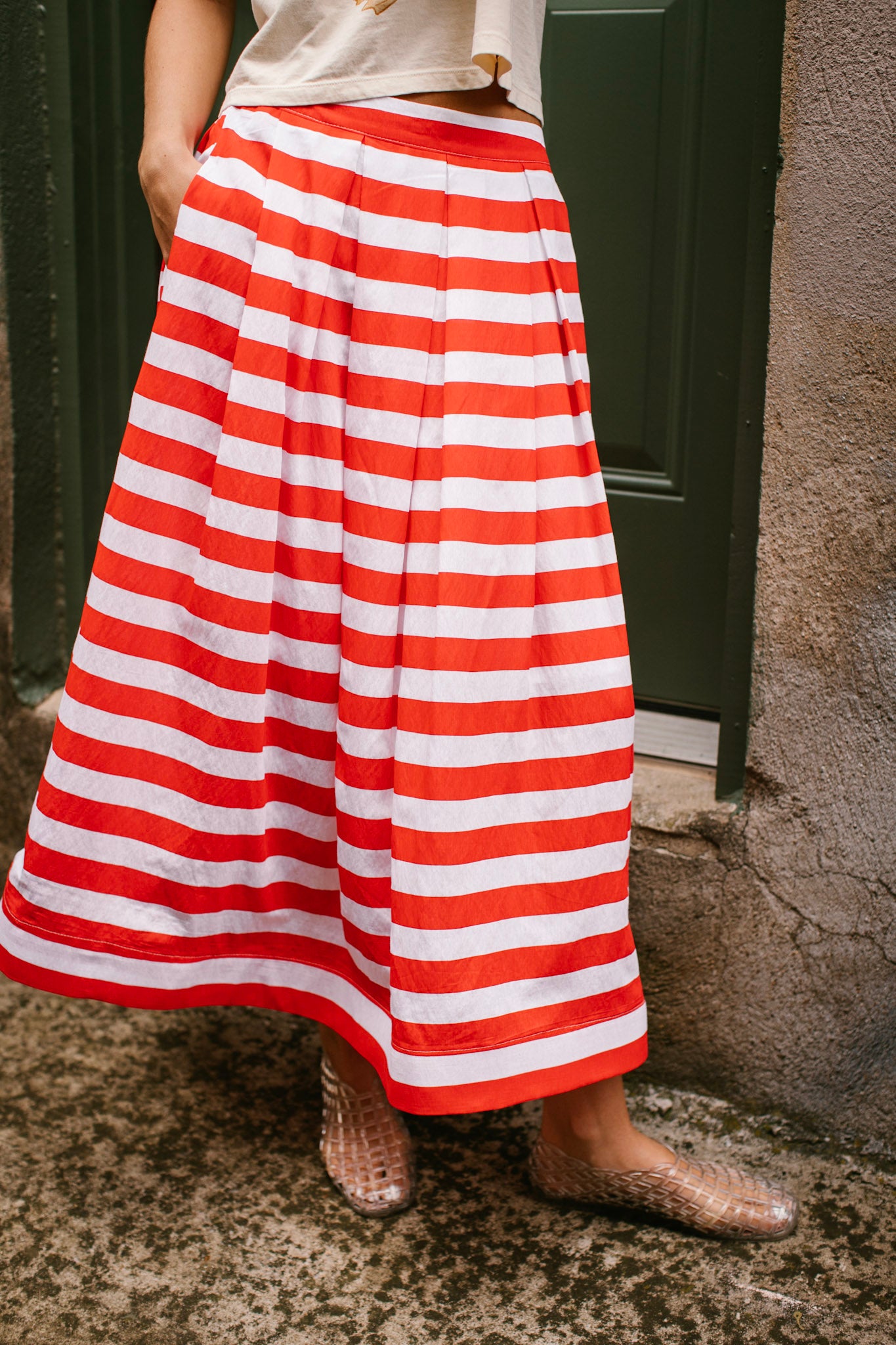 Red Stripe Pleated Midi Skirt