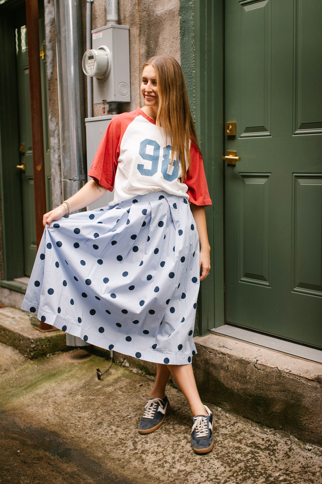 Blue Polka Dot Pleated Midi Skirt