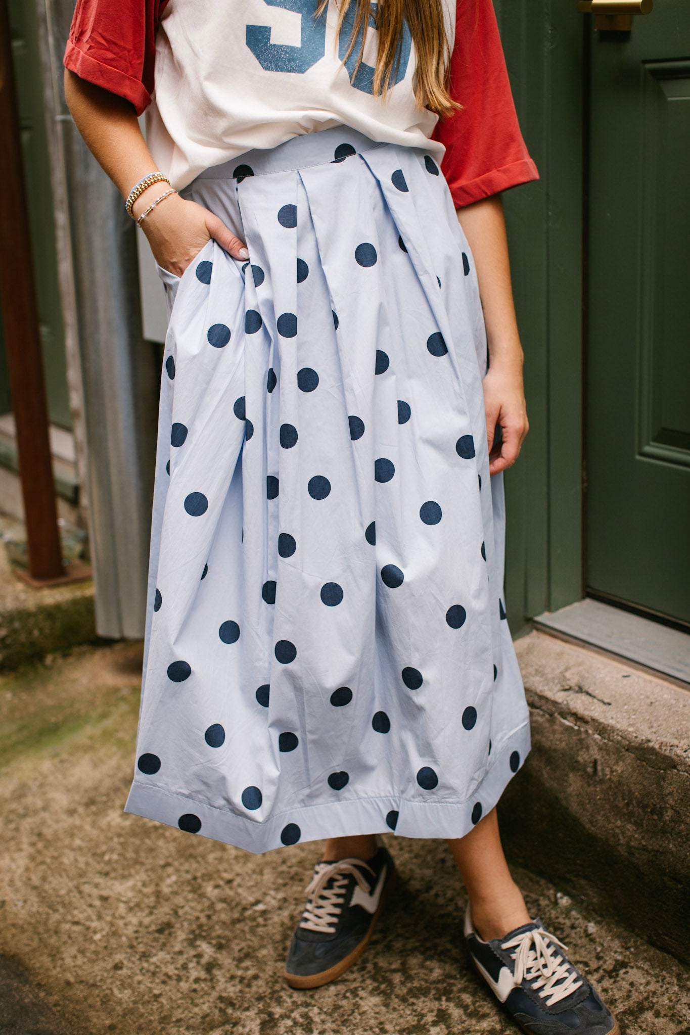 Blue Polka Dot Pleated Midi Skirt