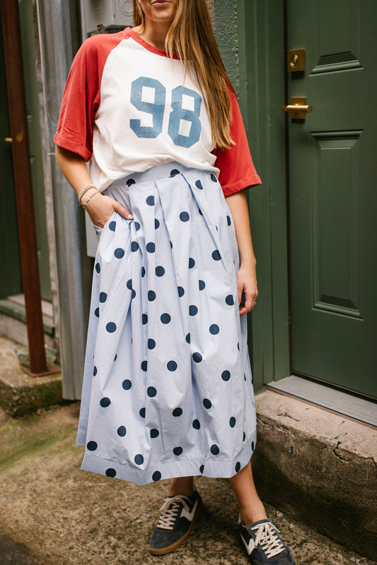 Blue Polka Dot Pleated Midi Skirt