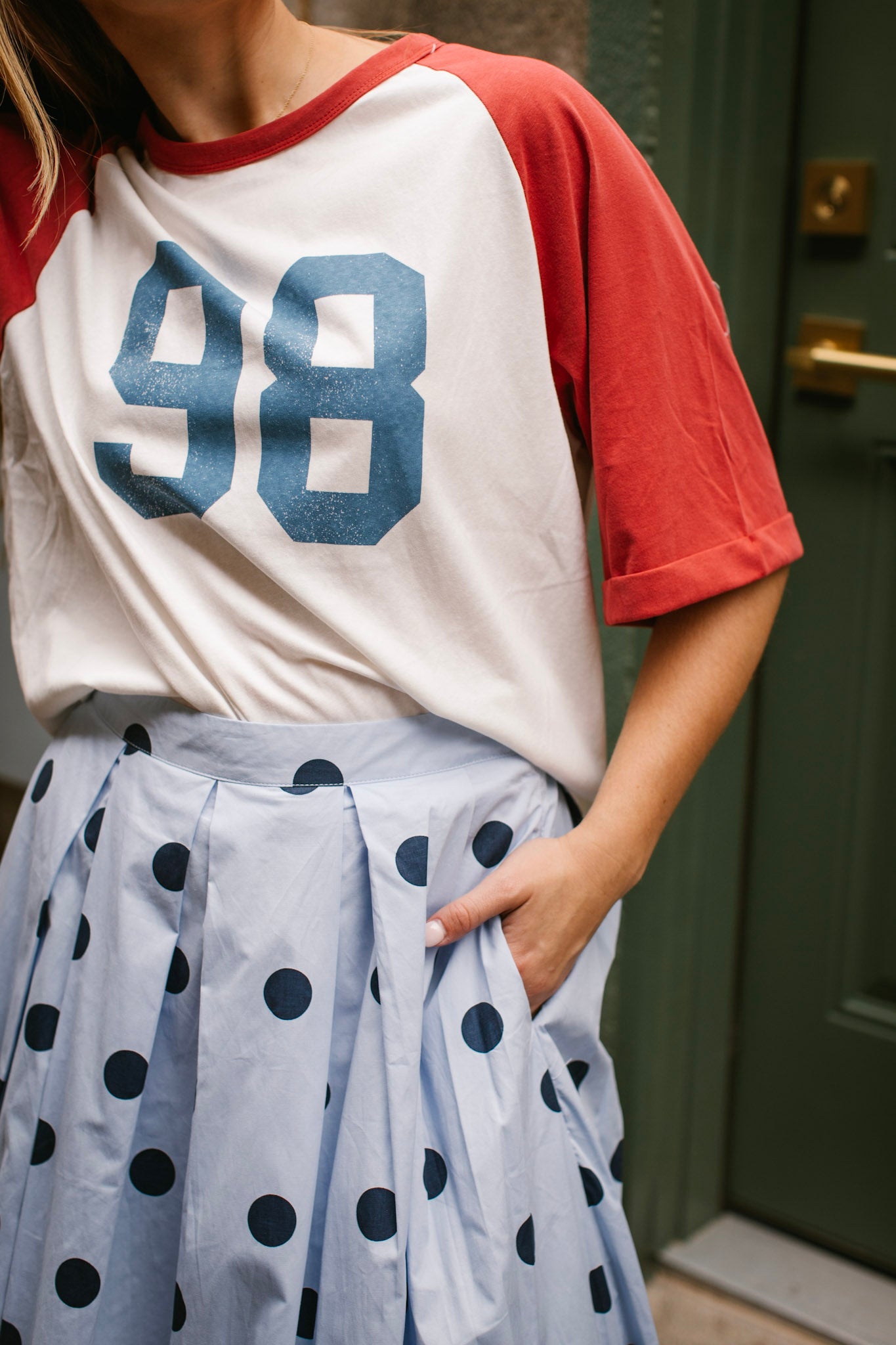 Red 98 Varsity Raglan Top