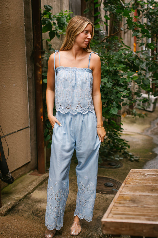 Blue & White Stripe Eyelet Pant Set