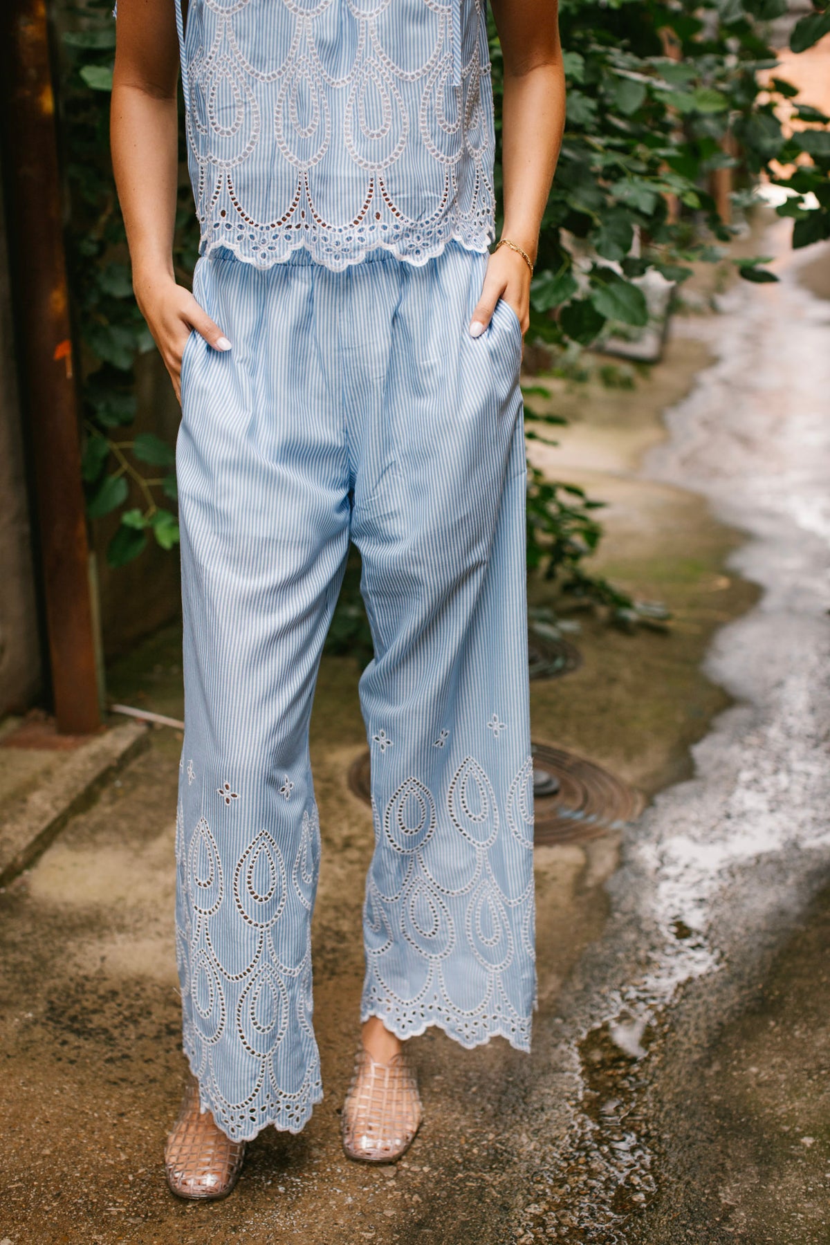Blue & White Stripe Eyelet Pant Set