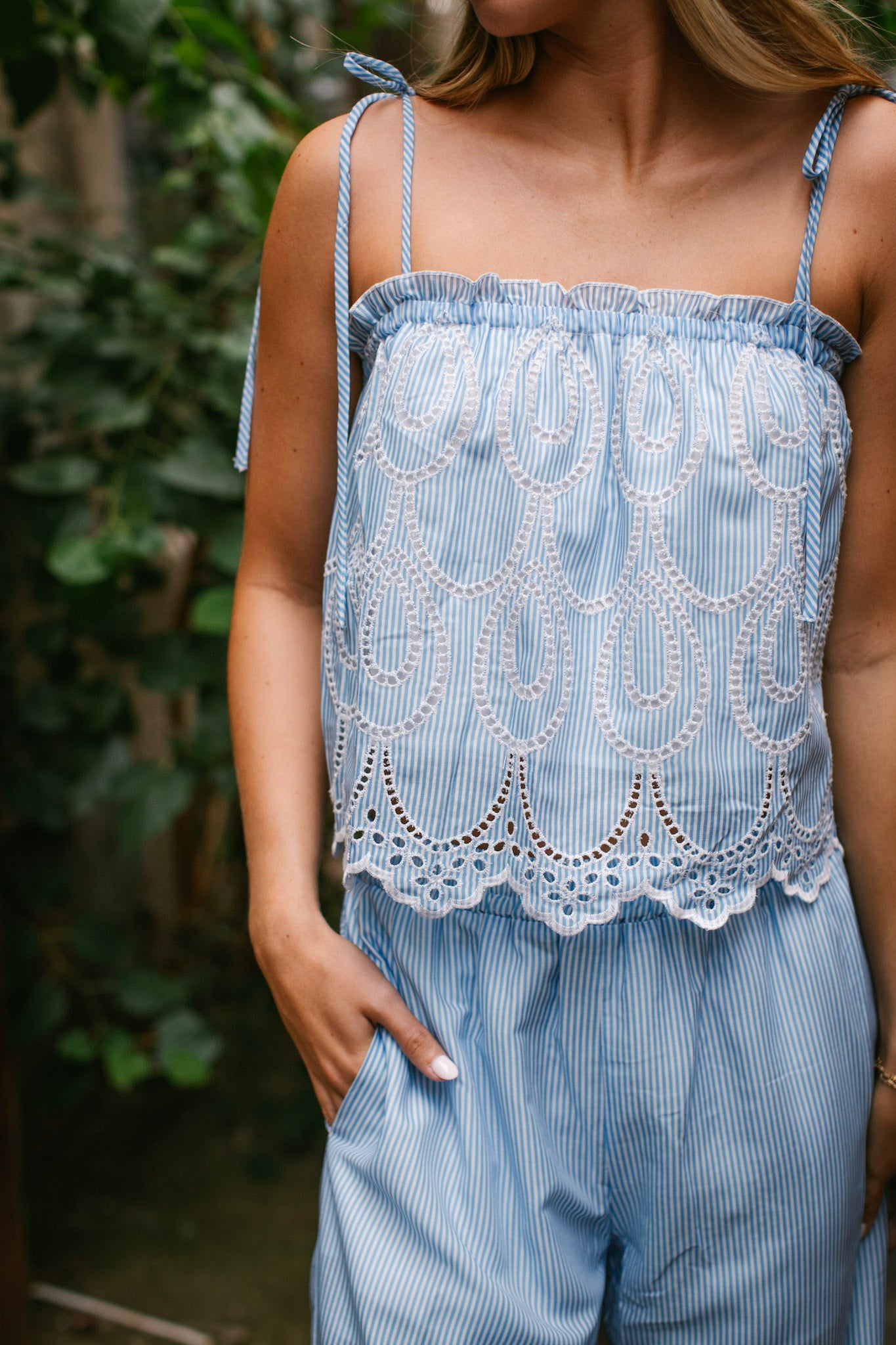 Blue & White Stripe Eyelet Pant Set