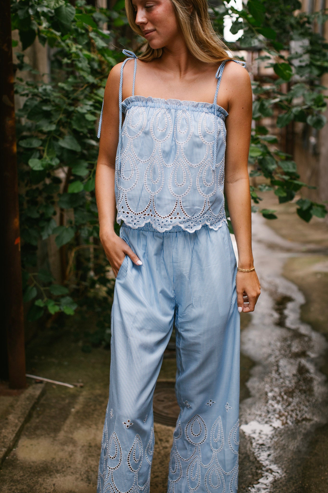Blue & White Stripe Eyelet Pant Set