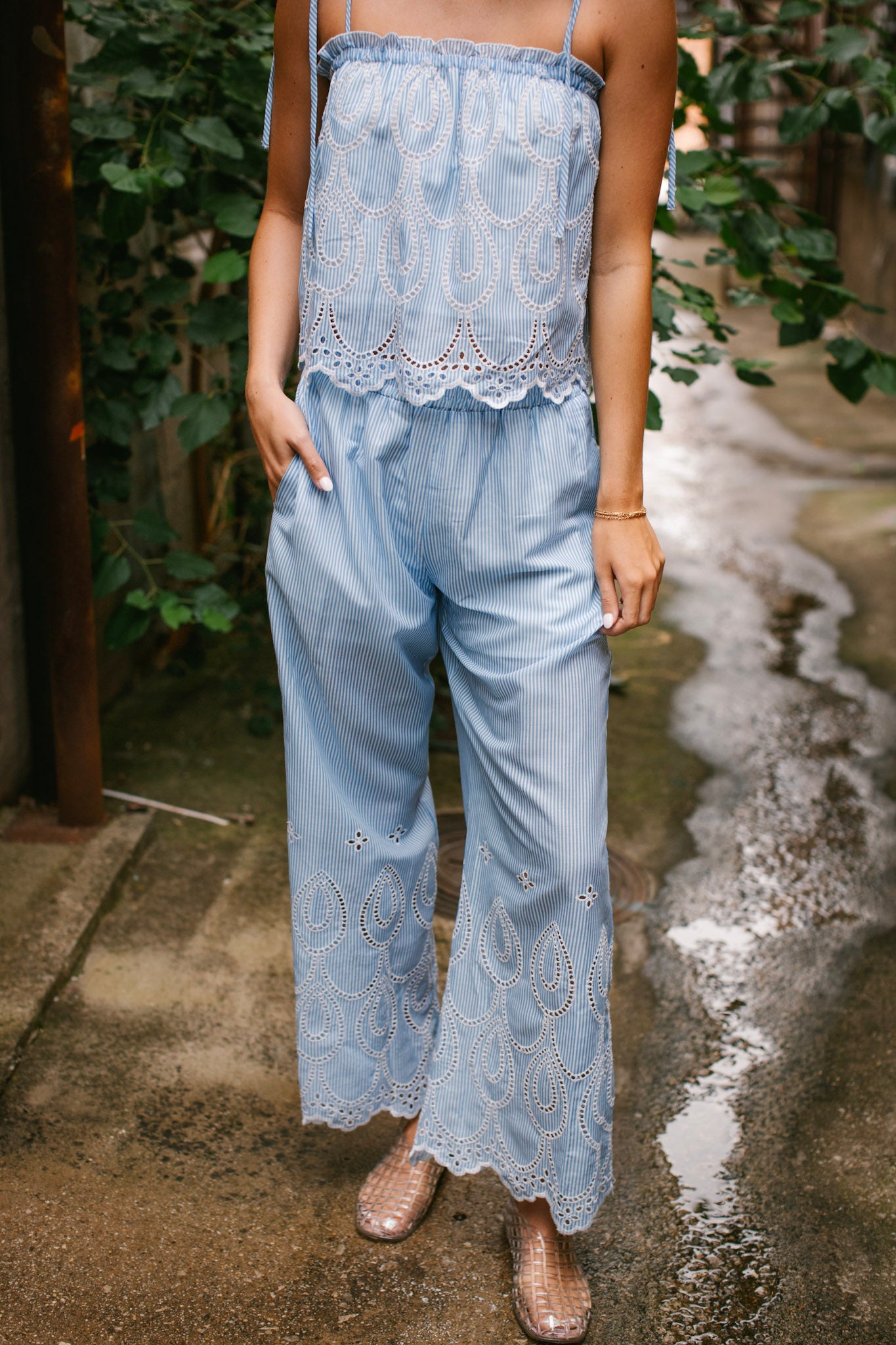 Blue & White Stripe Eyelet Pant Set