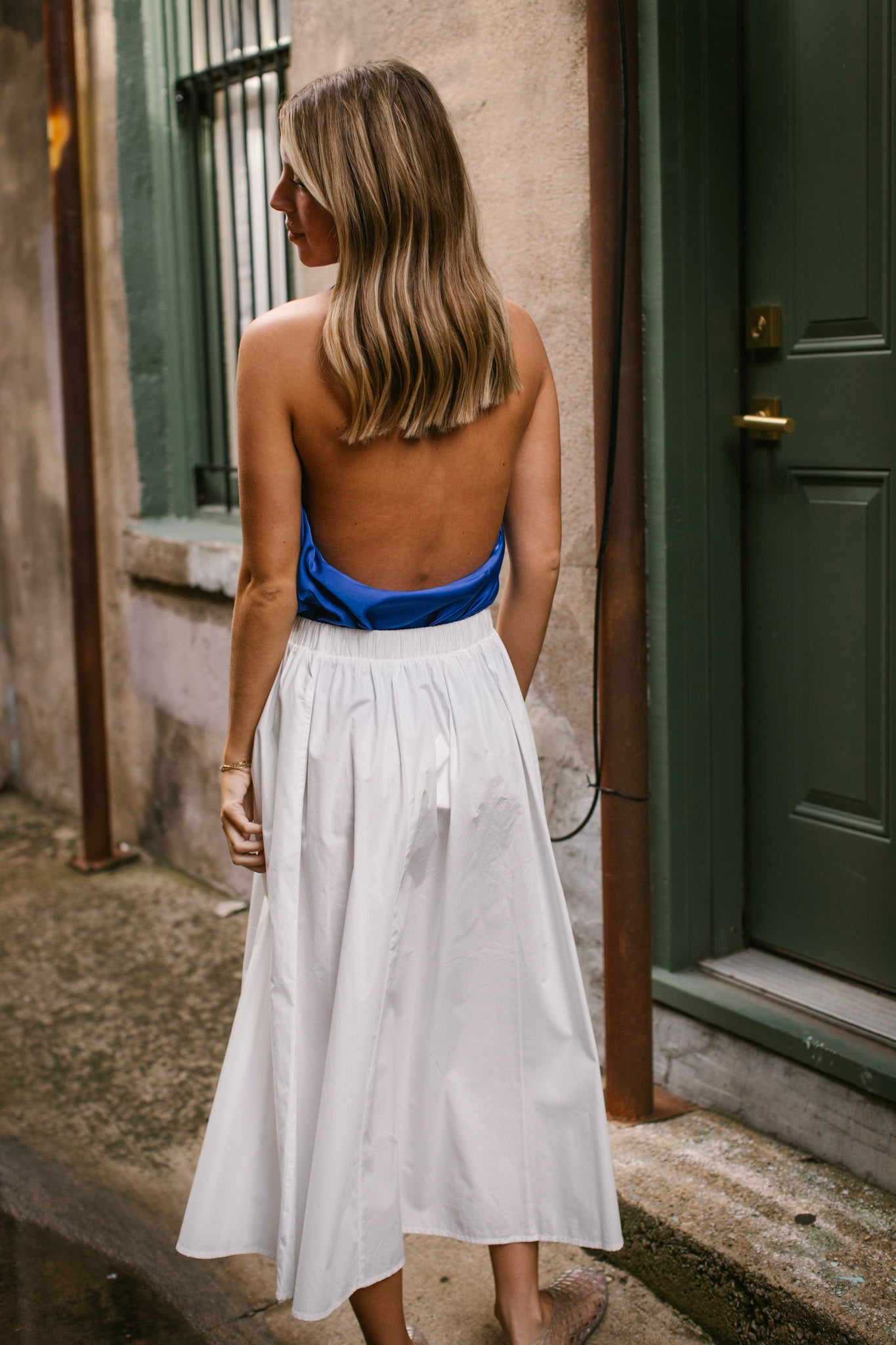 White Elastic Waist Midi Skirt