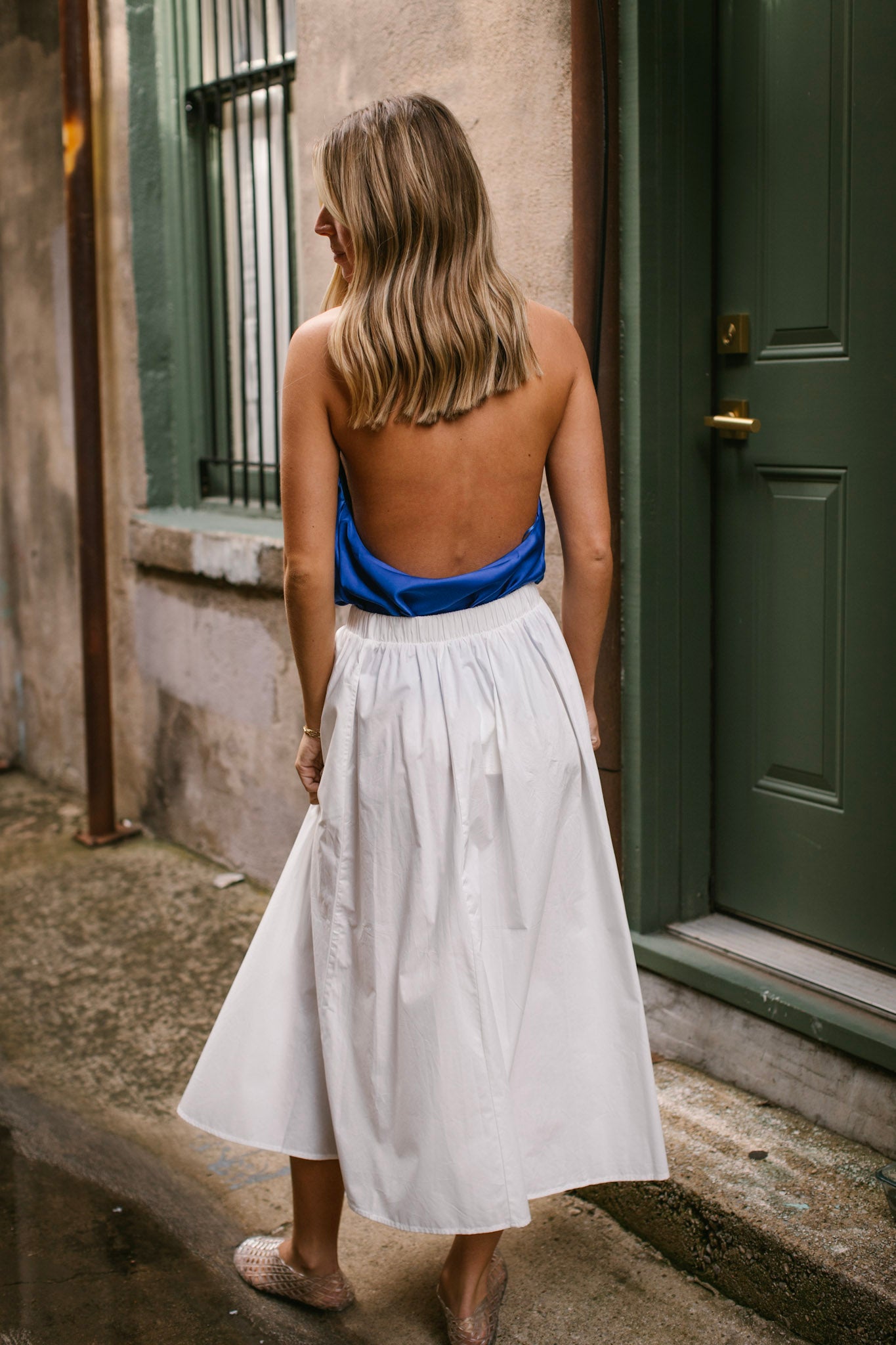 White Elastic Waist Midi Skirt